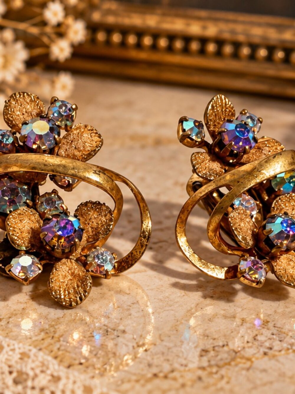 Vintage Gold Tone Floral Clip-On Earrings with Iridescent Rhinestones
